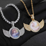 Hip Hop Pendant Bling CZ Memorial Picture Frames Projection Necklace Photo Custom Angel Wing Pendants