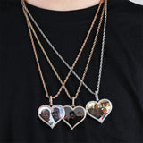 New Iced Out Photo Picture Memory Medallions Blank Heart Pendant Necklaces Hip Hop Sublimation Cubic Zircon Unisex Mens Jewelry