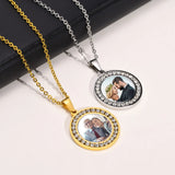 Custom Picture Photo Necklace Pendant For Women Men,Personalized Round Cubic Zirconia Necklace Stainless Steel Chain Adjustable