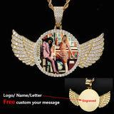 Hip Hop Pendant Bling CZ Memorial Picture Frames Projection Necklace Photo Custom Angel Wing Pendants