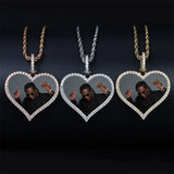 New Iced Out Photo Picture Memory Medallions Blank Heart Pendant Necklaces Hip Hop Sublimation Cubic Zircon Unisex Mens Jewelry